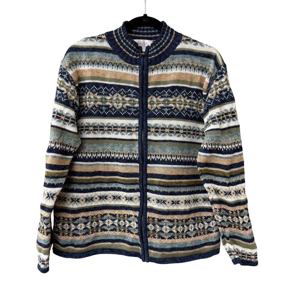 Vtg Casual Corner Annex Women Fair Isle Zip Up Cardigan Cottage Size M Cotton